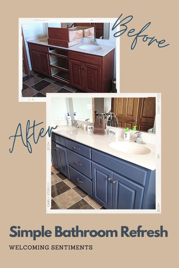 simple budget friendly bathroom refresh, painted, sanded cabinet, refinish cabinet