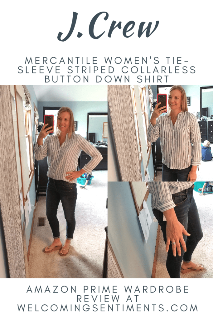 J.Crew Mercantile Tie-sleeve striped collarless button down shirt, Democracy Ab Solution Ankle skimmer jeans, Amazon Prime Wardrobe